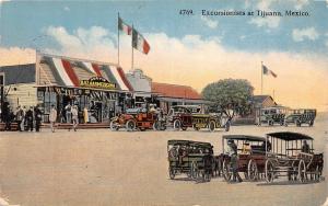 E39/ Tijuana Mexico Foreign Postcard c1910 Excursionists Automobiles Bazaar