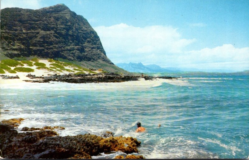 Hawaii Oahu Makapuu Beach Showing Cliffs and Mt Olomana In The Distance