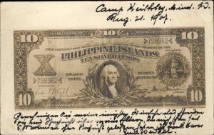 Paper Money Currency $10 US Philippines Note on c1907 Real Photo Postcard