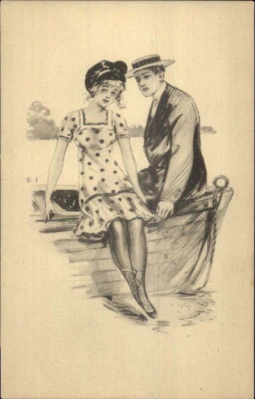 Romance - Pretty Girl Short Dress Sitting on Edge of Boat Pencil Sketch c1910