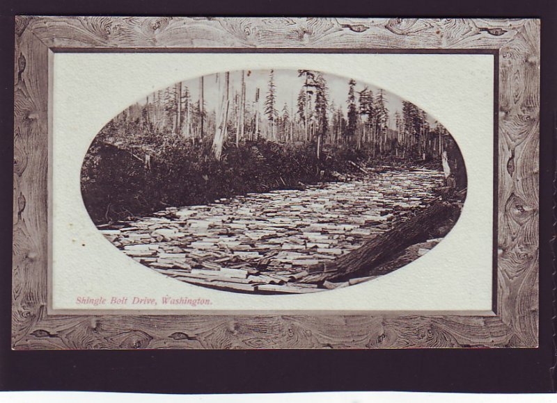 P1641 old unused postcard logging, lumber shingle belt drive washington waterway