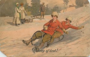 Winter sledge New Year greetings vintage Meissner & Buch postcard Hungary