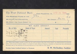 EAST PALESTINE OHIO FIRST NATIONAL BANK MCCLOSKEY ADVERTISING POSTCARD 1908