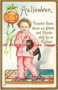 Halloween, Stecher No 226 E, JOL on Wall Watches Boy Holding a Black Cat