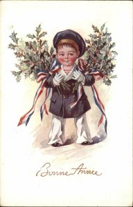 French New Year Little Boy Navy Uniform Patriotic Ribbons c1915 Postcard