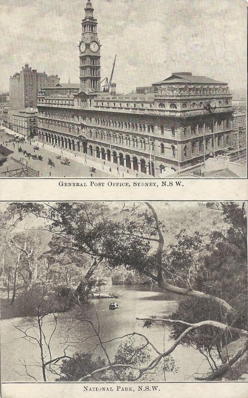 General Post Office and Park, Sydney, Australia, Early Postcard, Used in 1905