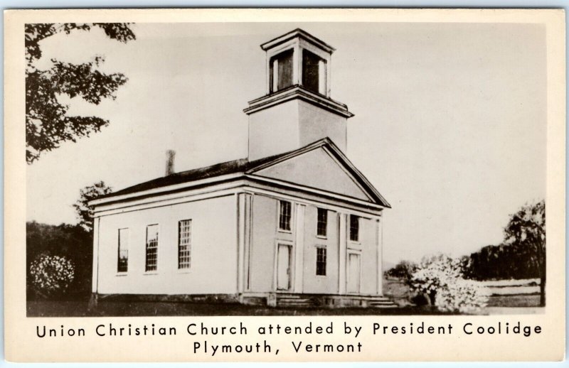 c1950s Plymouth, VT Art RPPC Union Church of President Calvin Coolidge PC A113