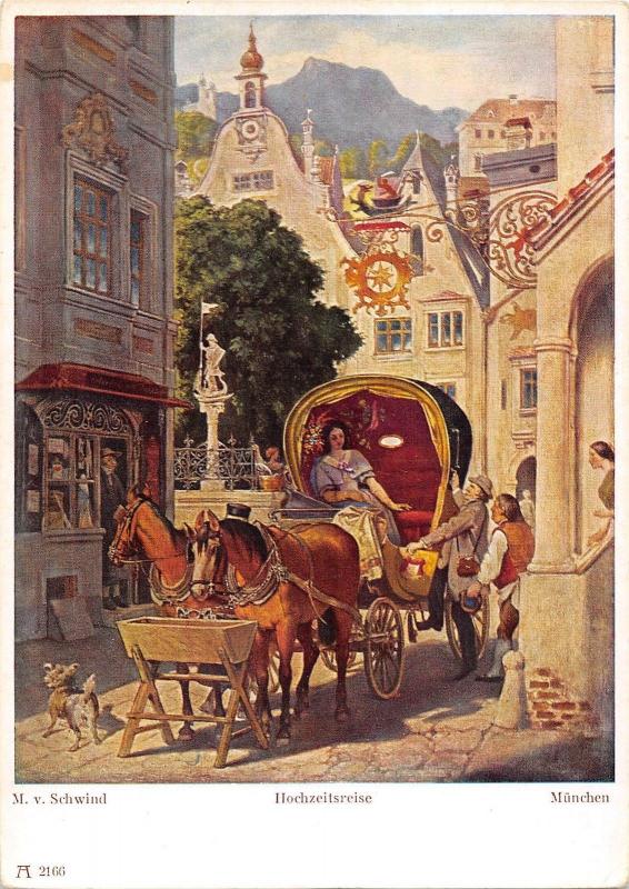 BG39132 m v swhwin hochzeitsreise munchen postcard chariot strassewagan germany