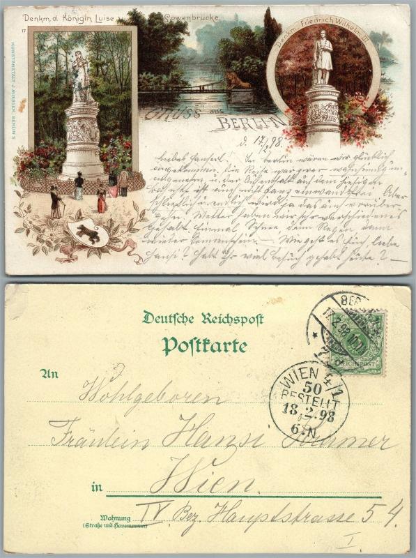 BERLIN GERMANY KONIGIN LUISE MONUMENT 1898 ANTIQUE POSTCARD w/ STAMP