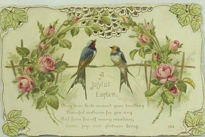 1870's-80's Embossed Die-Cut Easter Card Poem Lovely Wild Birds Pink Roses P93