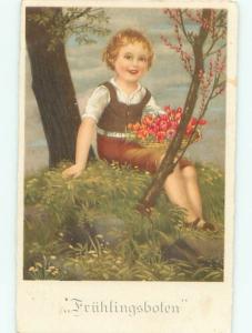 foreign 1920's EUROPEAN CHILD WITH FLOWER BASKET AC1645