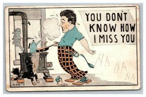 Vintage 1913 Comic Postcard - Wife is Away - Frazzled Husband Cooking - Funny