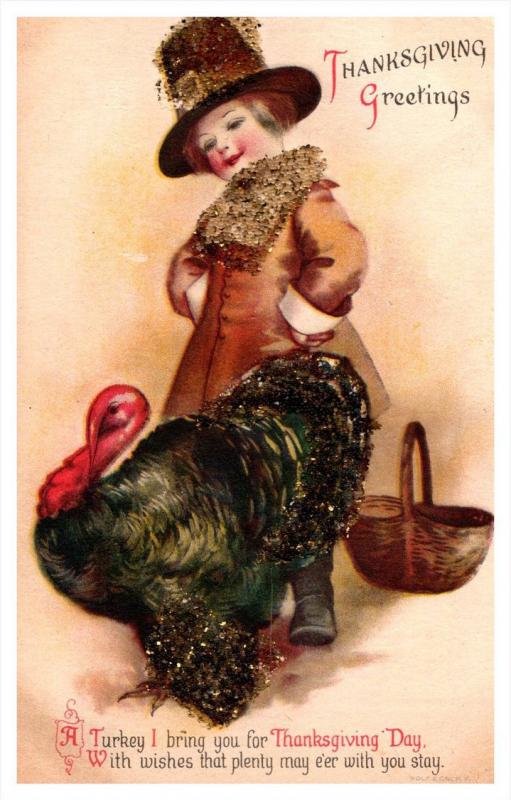 Thanksgiving ,  Pilgrim Boy with  Turkey,   glitter