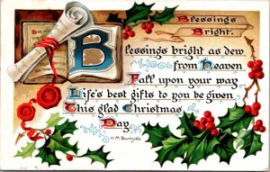 Holly, Blessings bright Tuck 104 Yuletide Vintage Postcard W70
