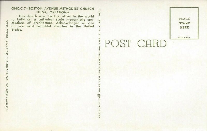 Boston Avenue Methodist Church, Tulsa, Oklahoma Vintage Postcard 