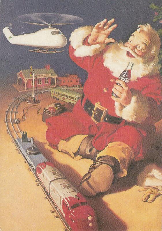 Coca-Cola advertising postcard Santa Claus cheers toys