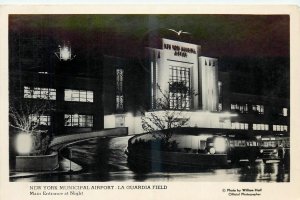 1940s New York Municipal Airport Night La Guardia Field Postcard 26-518