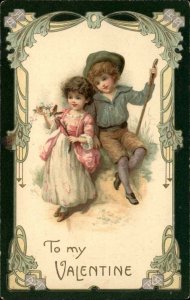 Valentine Little Girl and Boy with Butterfly Ornate Border c1910 Postcard