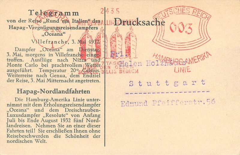 Mediteranean cruises Oceana steamer trip telegramm 1932 Nice France