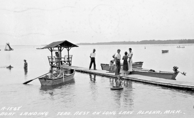 Postcard RPPC Boat Landing on Long Lake in Alpena, MI.  T8
