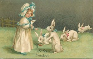 Embossed lovely girl & white bunnies Easter rabbits 1906 embossed chromo fantasy 