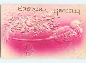 Pre-Linen easter art nouveau HEAVILY EMBOSSED - CHICK PULLS EGG CART HL0747