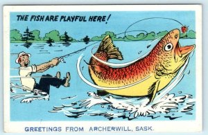 ARCHERWILL, Saskatchewan Canada ~ FISHING Exaggeration Comic 1958  Postcard