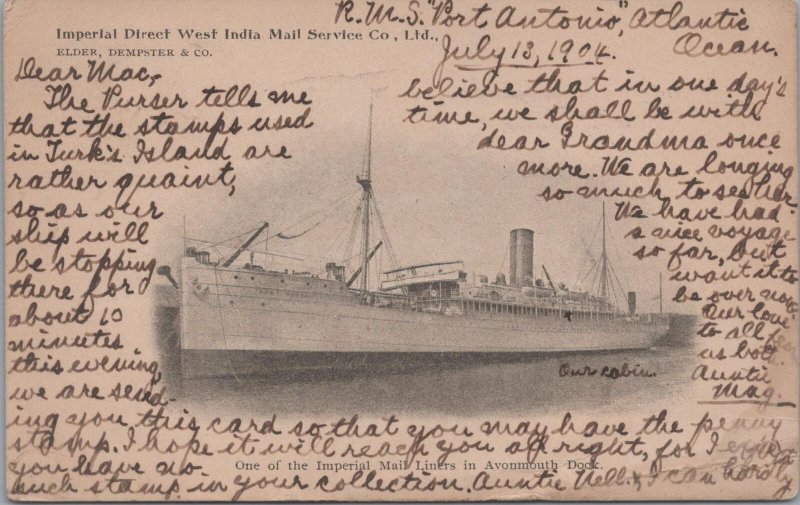 Postcard Ship Imperial Direct West India Mail Service Imperial Mail Liner 1904