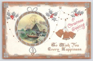 Christmas~Mill In Circle~Gold Bells~Silver Art Deco Border~Emb~BB London~1913 PC