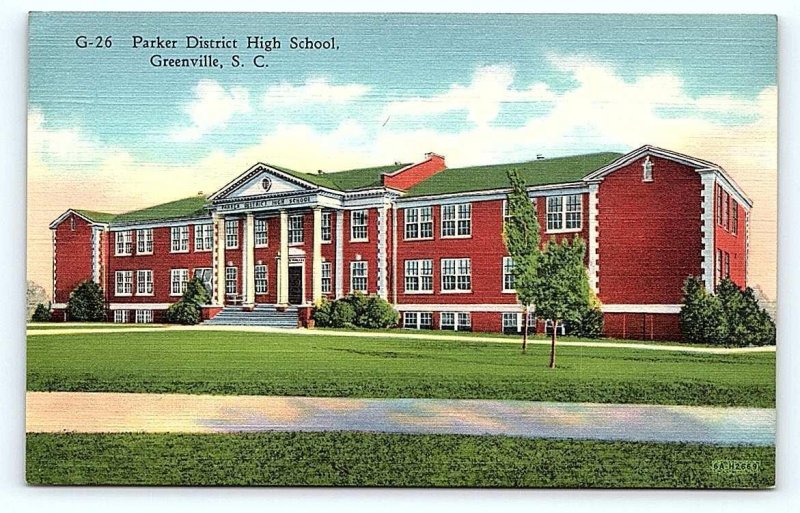GREENVILLE, SC South Carolina~ Parker District HIGH SCHOOL c1940s Linen Postcard