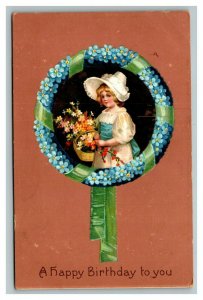 Vintage 1909 International Art Birthday Postcard Cute Girl Flowers Blue Wreath