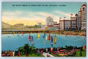 c1940 Long Beach California CA Vintage Postcard Water Carnival Lagoon Pike Boat