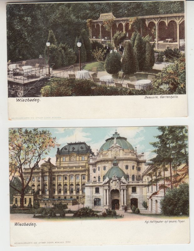 P2552, 2 dif old postcard weisbaden germany gardens and hoftheater views
