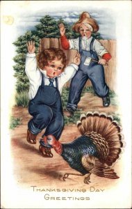 Whitney Thanksgiving Old Man Axe Little Boy Overalls Turkey Chase Vintage PC