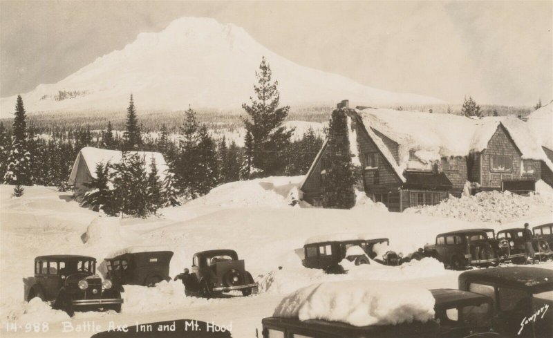 c1930 RPPC Battle Axe Inn And Mt. Hood Oregon Old Cars Snow Sawyer's Photograph