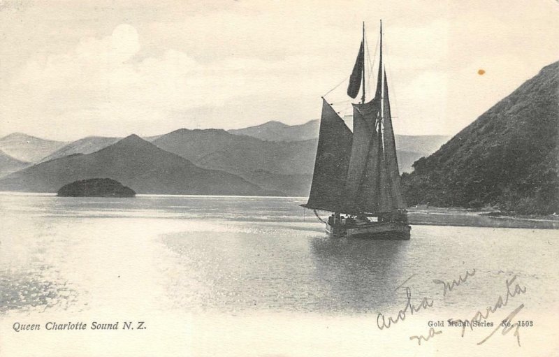 QUEEN CHARLOTTE SOUND SAIL SHIP NEW ZEALAND POSTCARD (c. 1907)