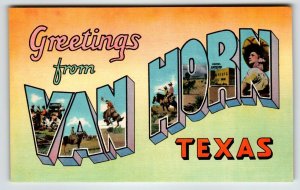 Greetings From Van Horn Texas Large Big Letter Linen Postcard Unposted Vintage