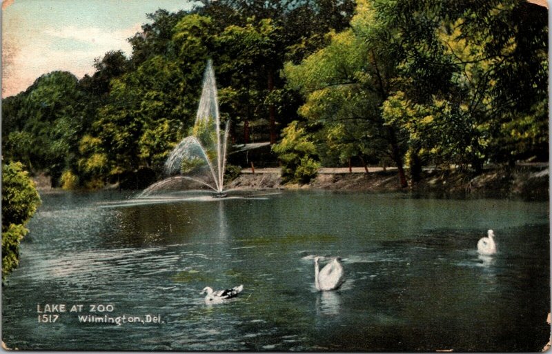 Lake at Zoo-Fountain-Ducks-Swan in Water-Wilmington-Delaware-Vintage Postcard