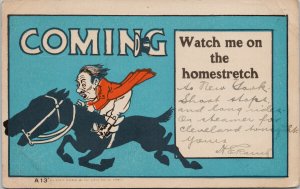 Man on Horse Racing 'Watch Me On The Homestretch' Curtis Adv. Co Postcard G91