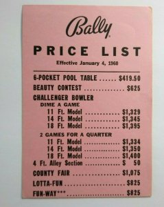 Bally Operator Price List Arcade Game Bingo Pinball Jan 4 1960 Beauty Contest