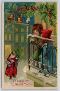 Christmas Greetings Children Watching Santa Claus From Balcony Postcard V29