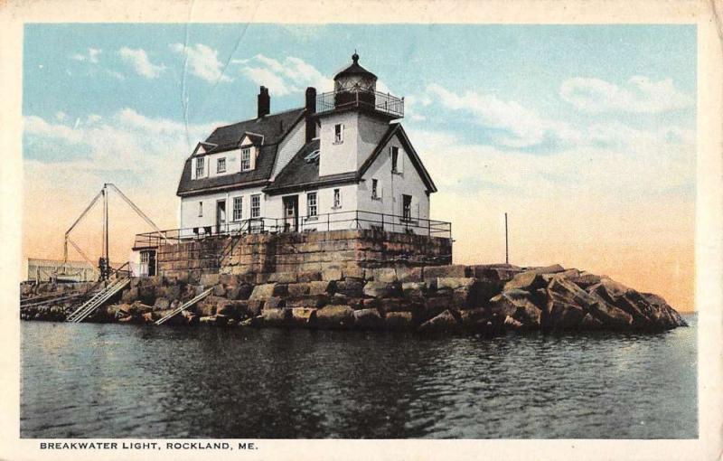 Rockland Maine Breakwater Light House Waterfront Antique Postcard K78733