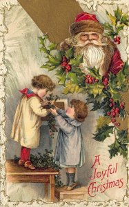 Joyful Christmas Red Suited Santa Claus Two Children Postcard