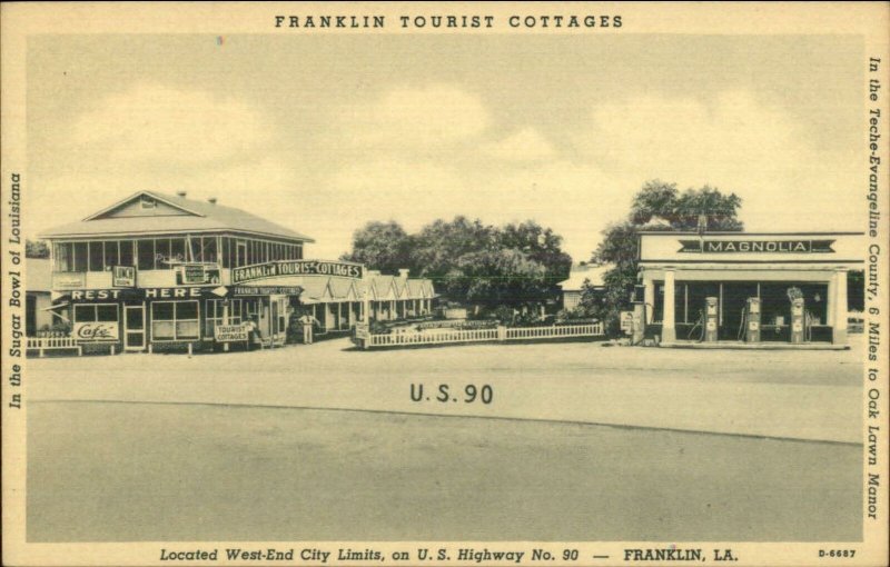 Franklin LA Tourist Cottages Gas Pumps HWY 90 Old Postcard