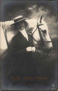 1926 New Year Beautiful Woman with White Horse Real Photo Vintage Postcard