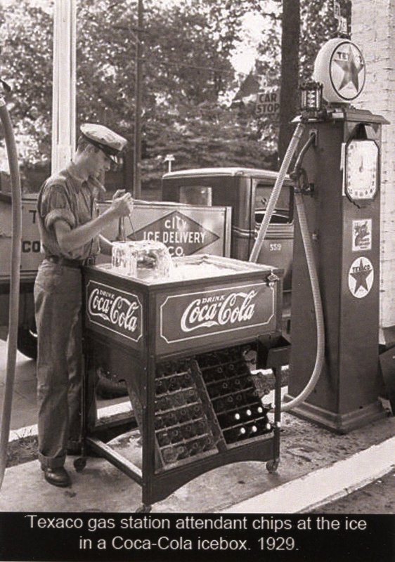 Texaco Gas Station Attendant Chips Ice For Coca-Cola Ice Box ca. 1929 (5.75 ...