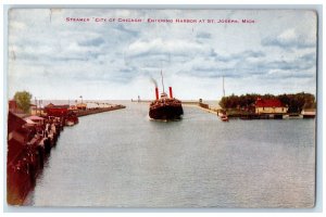 1915 Steamer City Chicago Entering Harbor St Joseph Michigan MI Antique Postcard 