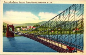 Suspension Bridge toward Island, Wheeling West Virginia Postcard