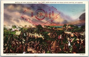 VINTAGE POSTCARD PAINT OF THE BATTLE OF SAN JACINTO (1836) MAILED FROM SITE 1936