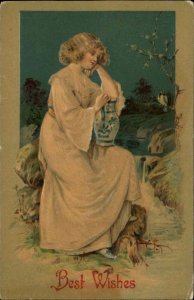 Best Wishes Beautiful Young Woman with Vase Embossed c1910 Vintage Postcard